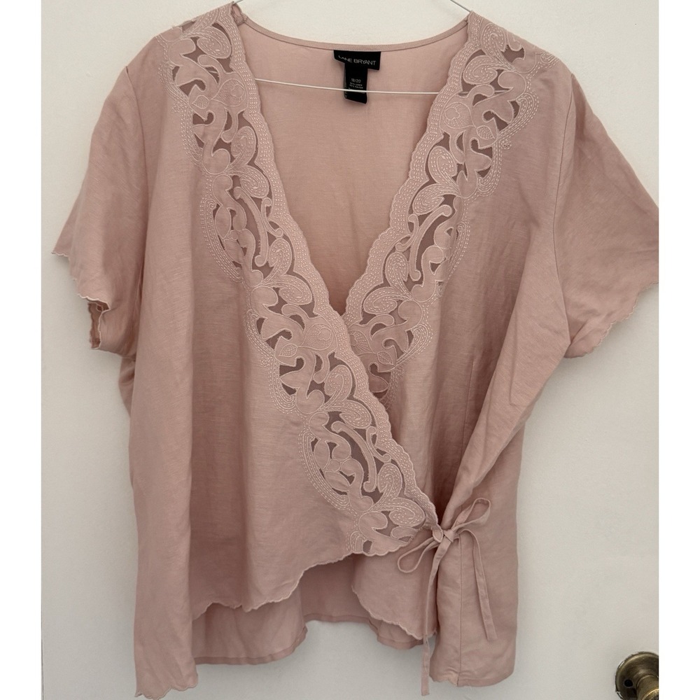 LANE BRYANT Blouse Womens 18/20 Pink Cut Out Floral Embroidery Linen blend Wrap